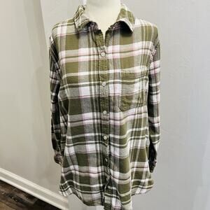 GAP Women's Boyfriend Flannel Piper Large Olive Green Pink (A0129)